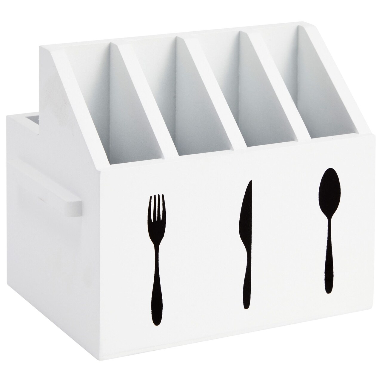 Small Wooden Utensil Holder with 5 Slots for Fork, Knife, and Spoons, Silverware Holder for Countertop, Kitchen Organization, Home, RV, Camper, and Office (White, 7x5.25x6.5 in)